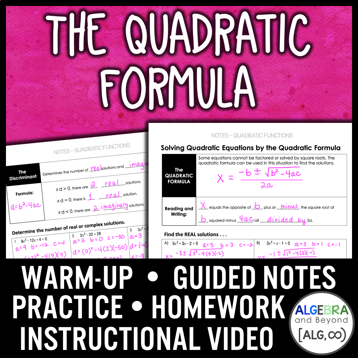 Quadratic Equations: The Quadratic Formula Lesson | Warm-Up | Notes | Homework