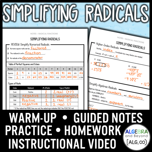 Simplifying Radical Expressions Lesson | Video | Guided Notes | Homework
