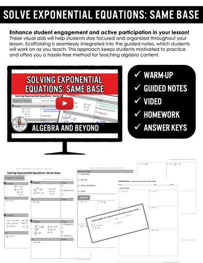 Solve Exponential Equations: Same Base Lesson | Video | Notes | Homework