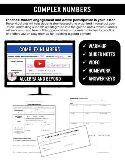 Walker Math Level 3 Complex Numbers Complex Numbers Lesson | Warm-Up | Guided Notes | Homework โ Algebra ...
