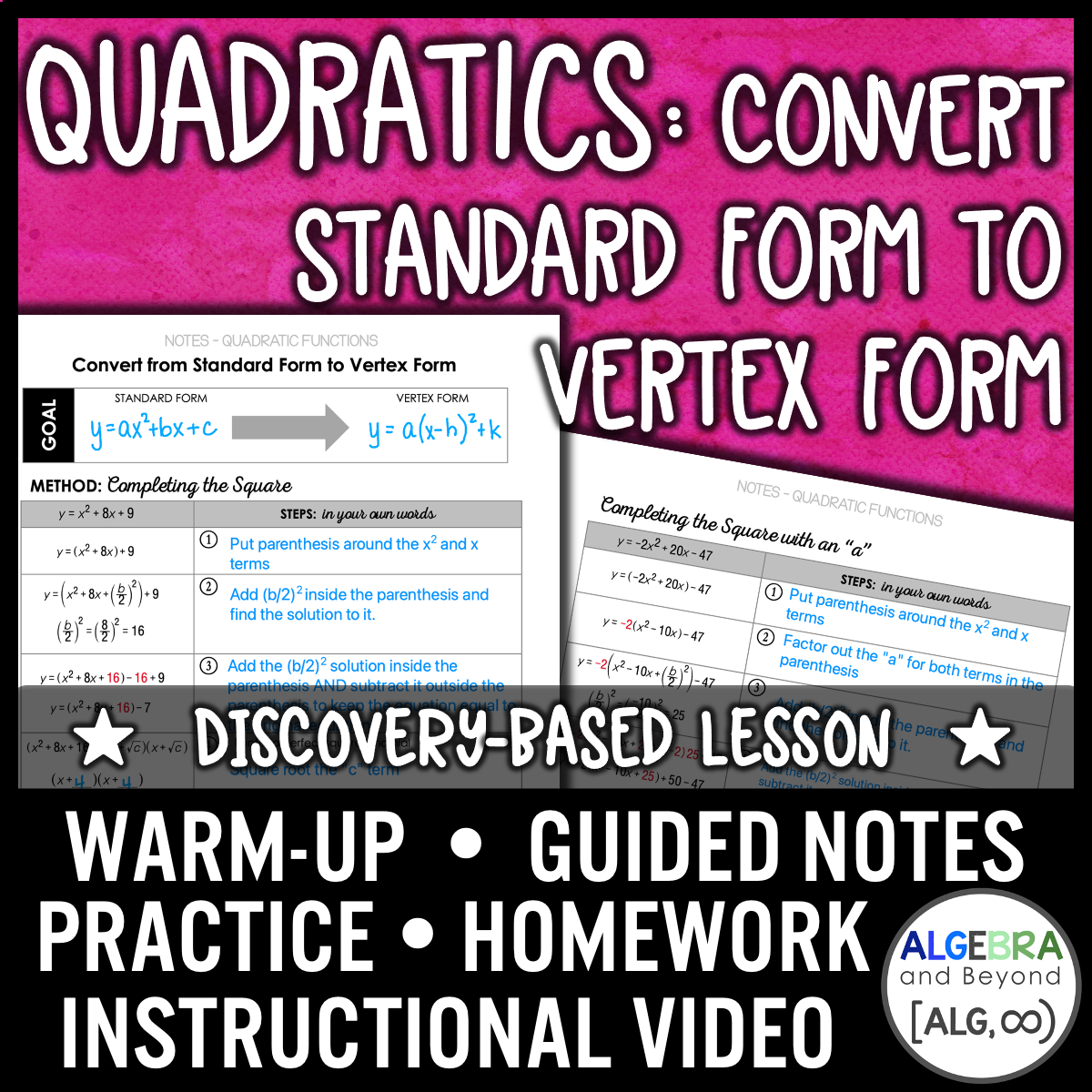 Quadratic Functions: Convert Standard to Vertex Lesson | Warm-Up | Guided Notes