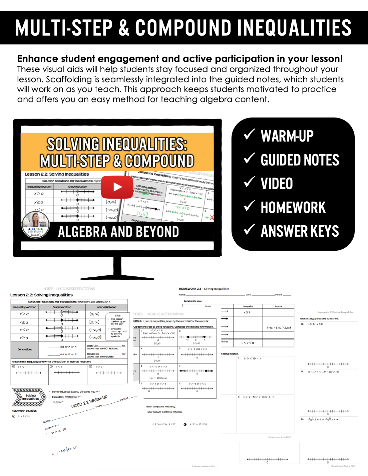 Multi-Step and Compound Inequalities Lesson | Warm-Up | Guided Notes | Homework