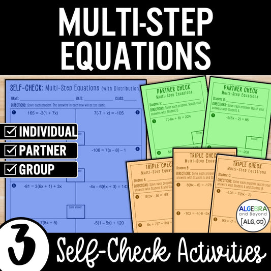 Multi-Step Equations Practice | Distribute | Self-Check Review Activities