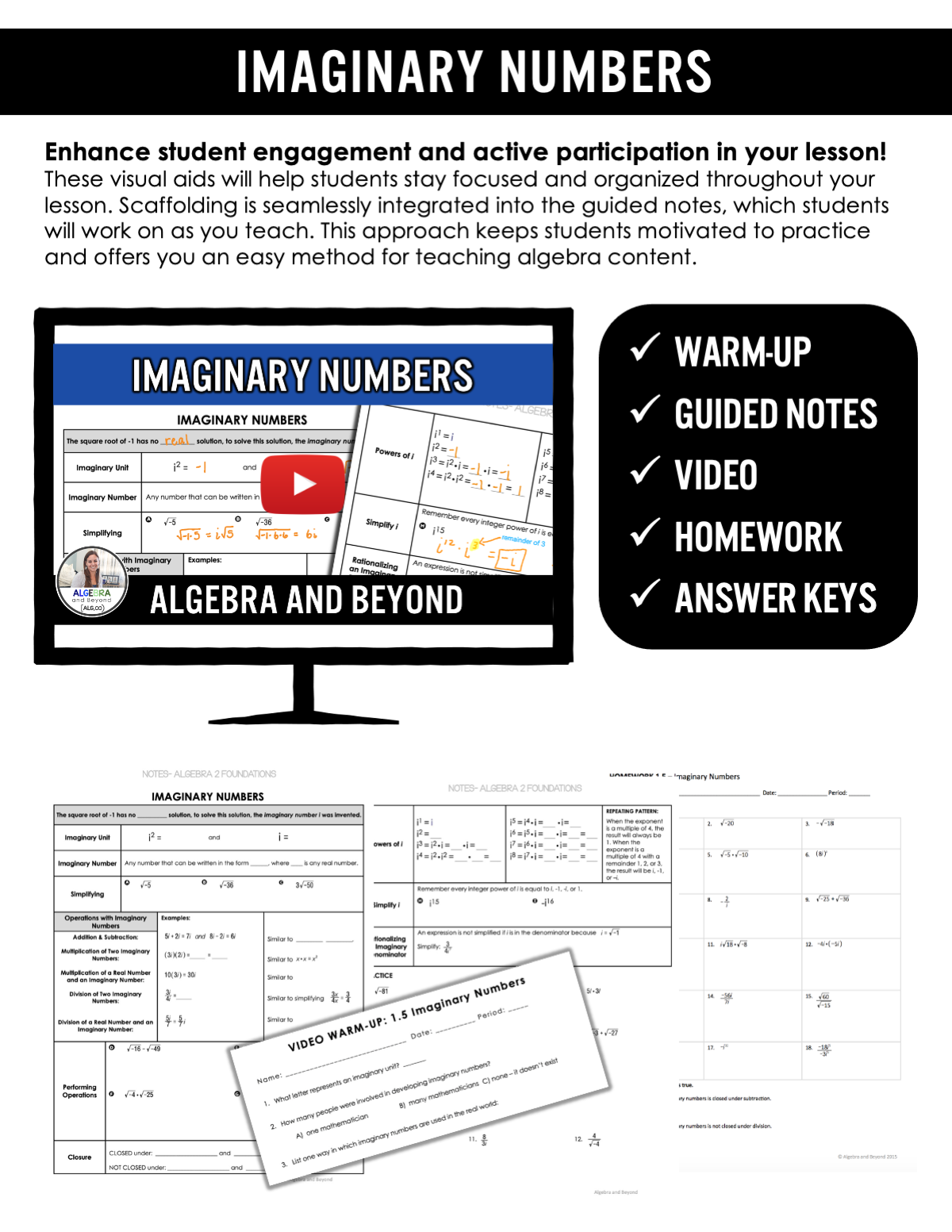 Imaginary Numbers Lesson | Warm-Up | Guided Notes | Homework