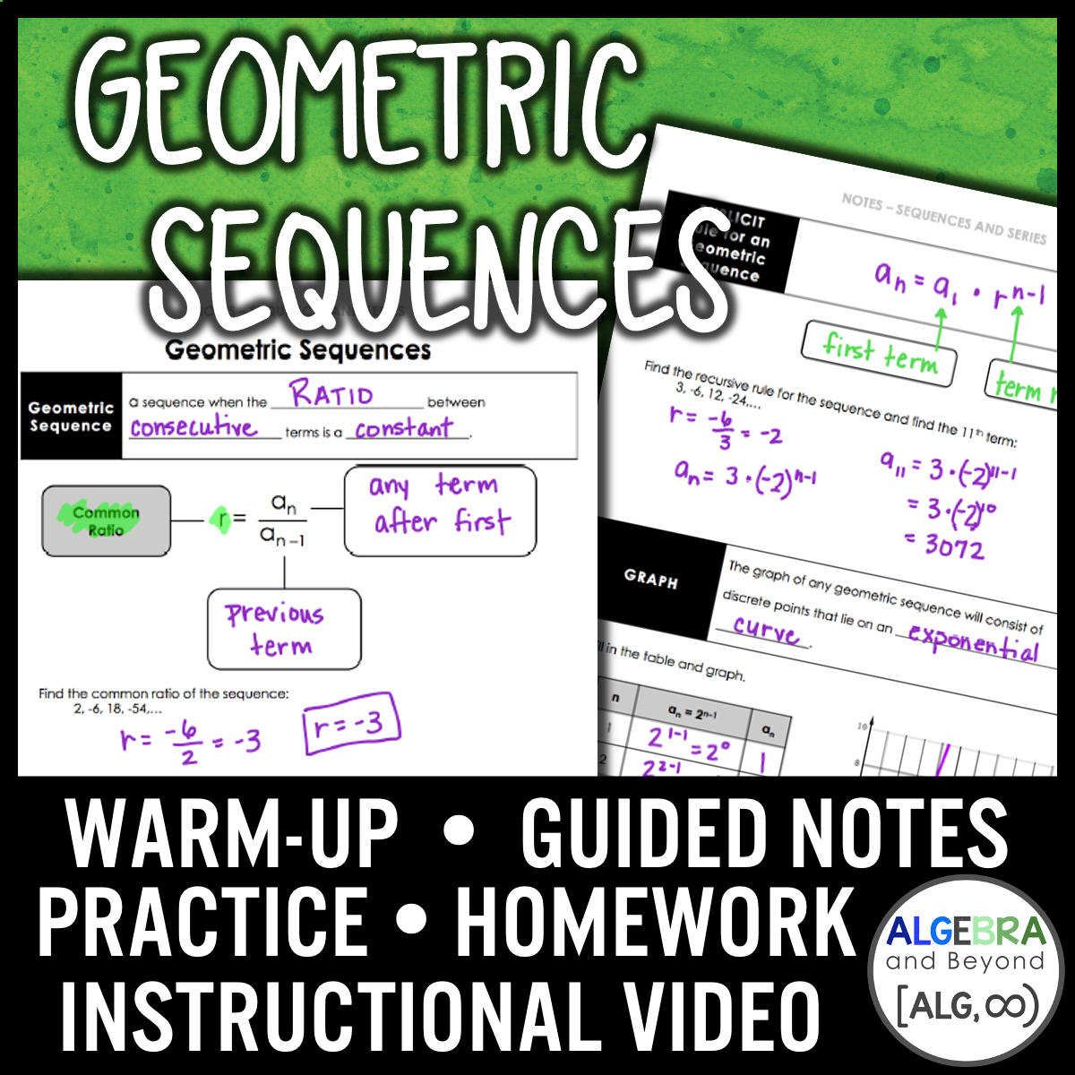 Geometric Sequences Lesson | Video | Guided Notes | Homework