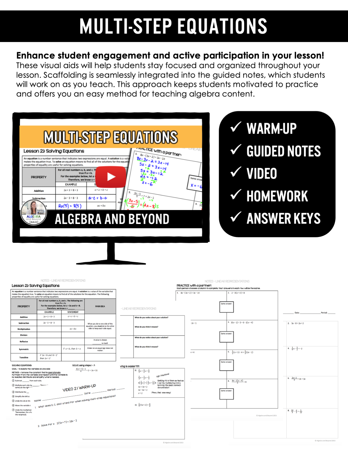 Multi-Step Equations Lesson | Warm-Up | Guided Notes | Homework