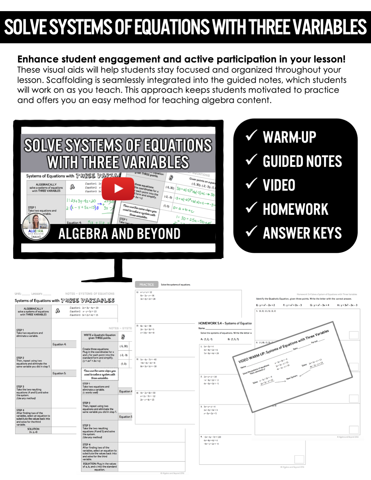 Solving Systems of Equations with Three Variables Lesson | Video | Guided Note