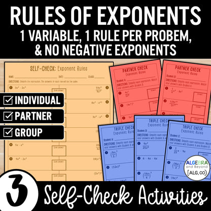 Rules of Exponents (1 variable, no negatives) Activity – Practice Worksheets