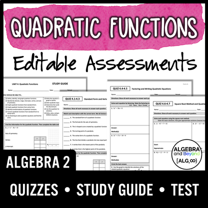 Quadratic Function Assessments | Quizzes | Study Guide | Test
