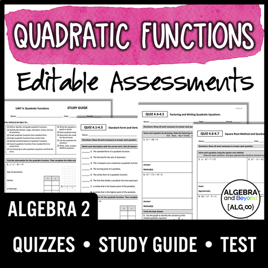 Quadratic Function Assessments | Quizzes | Study Guide | Test