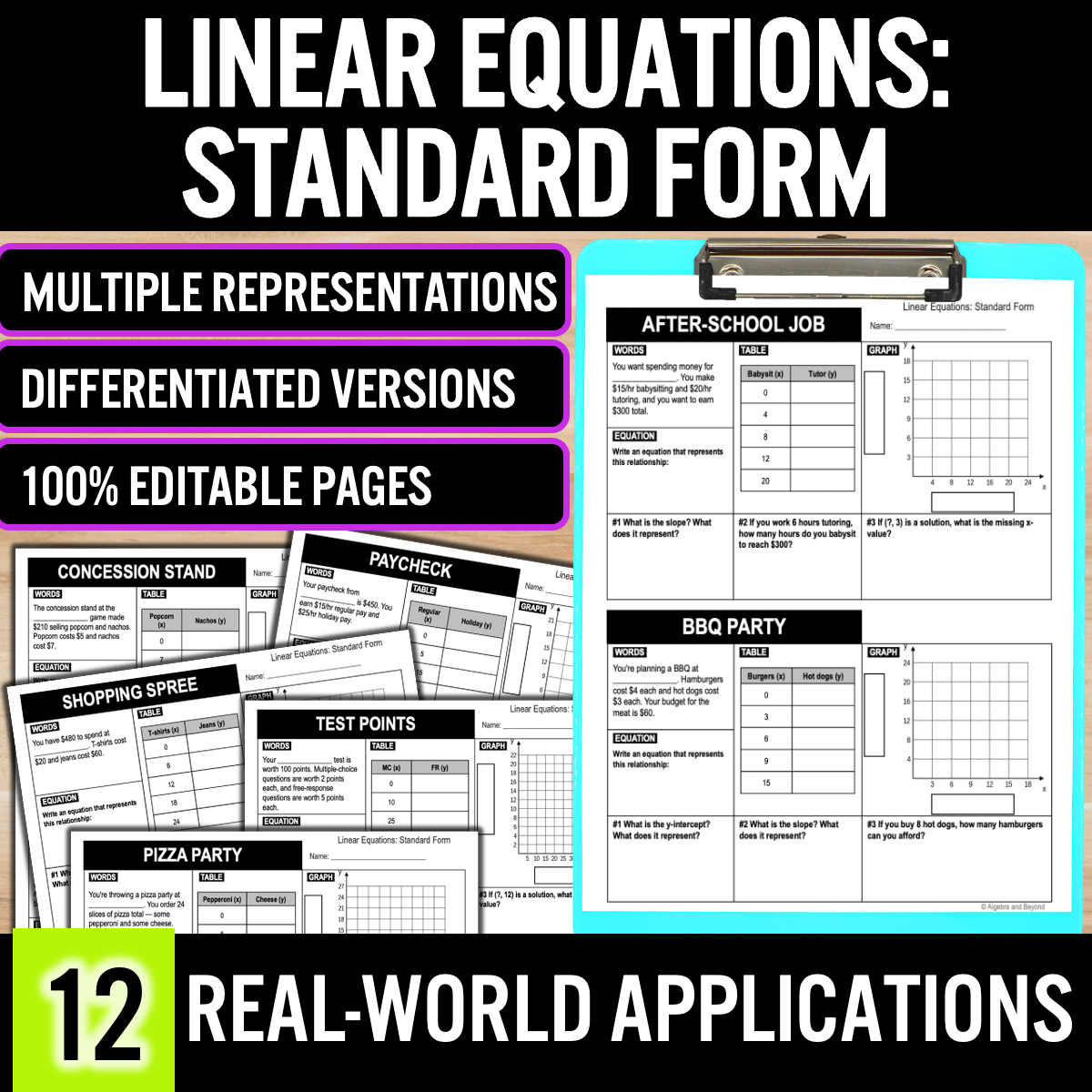 Linear Equations Standard Form Real World Applications Multiple Representations
