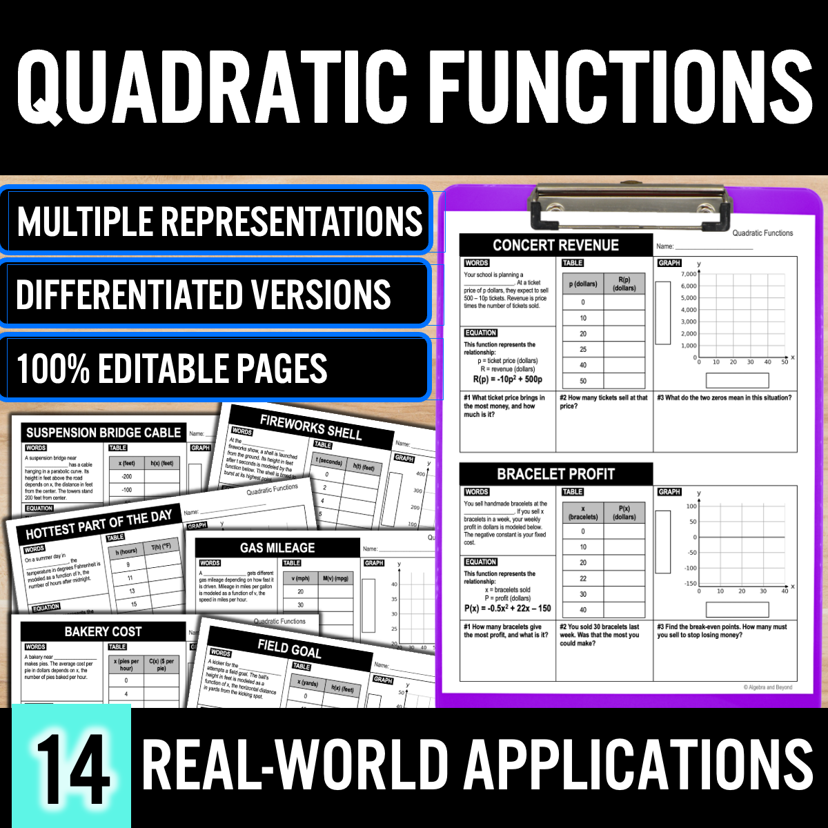 Quadratic Functions (Algebra 2) Real World Applications Multiple Representations