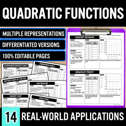 Quadratic Functions (Algebra 2) Real World Applications Multiple Representations