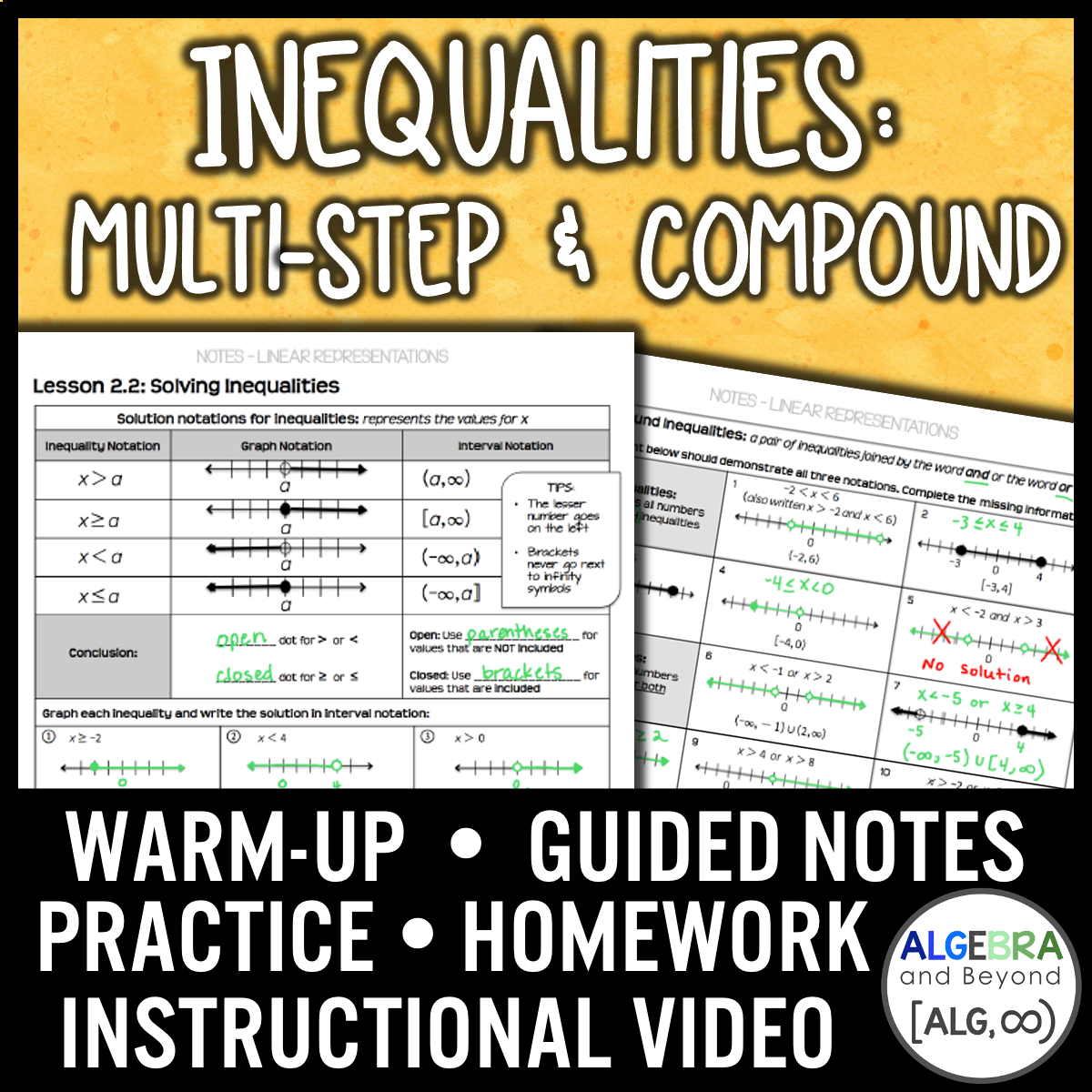 Multi-Step and Compound Inequalities Lesson | Warm-Up | Guided Notes | Homework