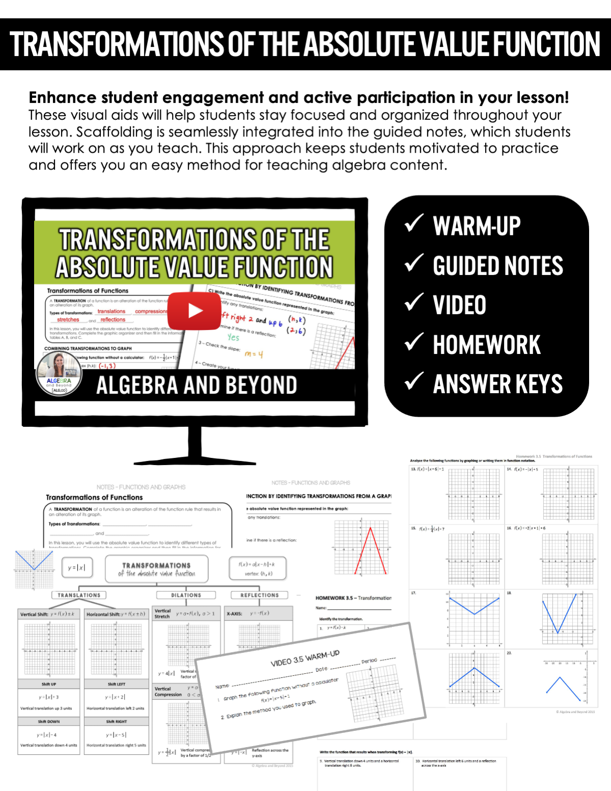 Transformations: Absolute Value Function Lesson | Warm-Up | Notes | Homework