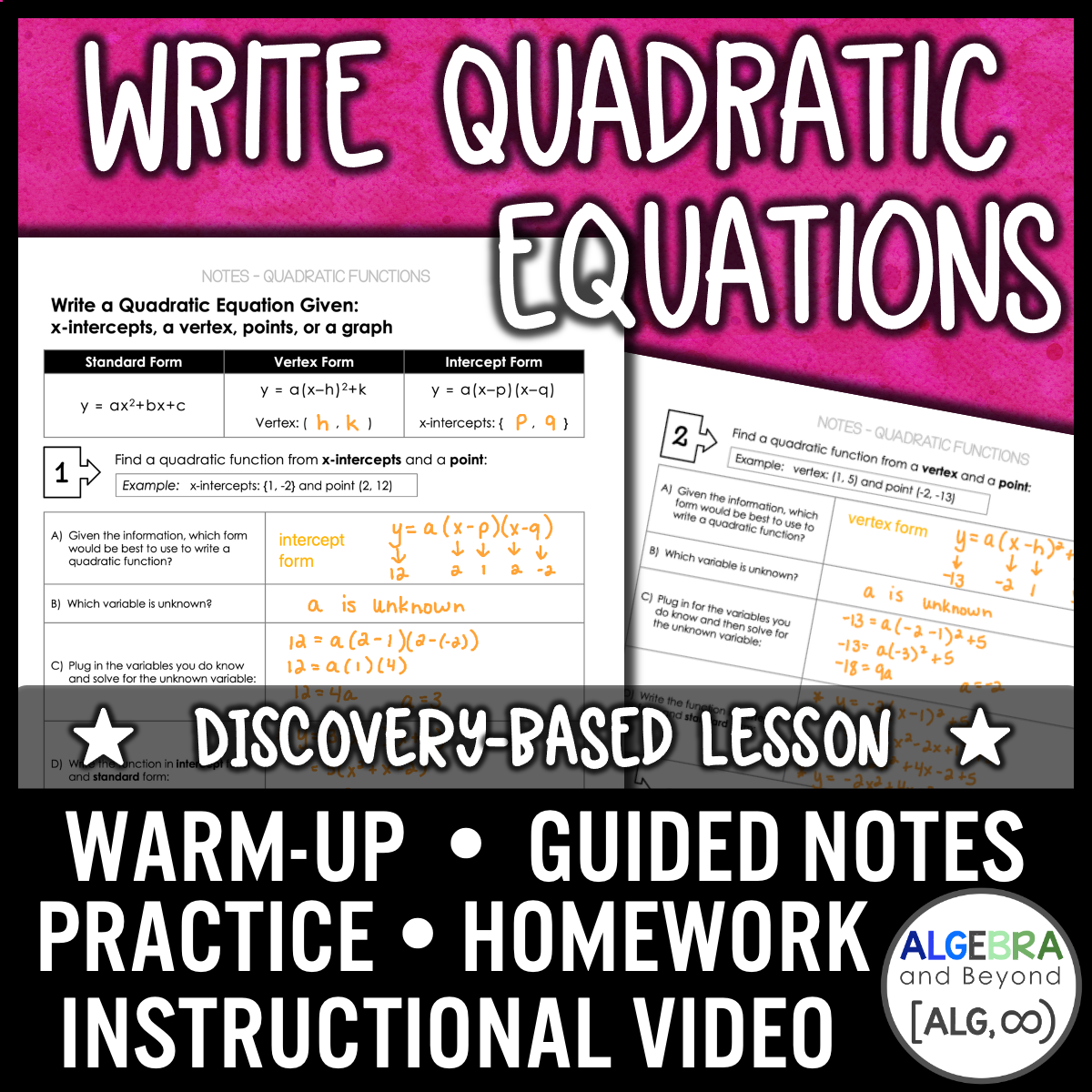 Writing Quadratic Equations Lesson | Warm-Up | Guided Notes | Homework