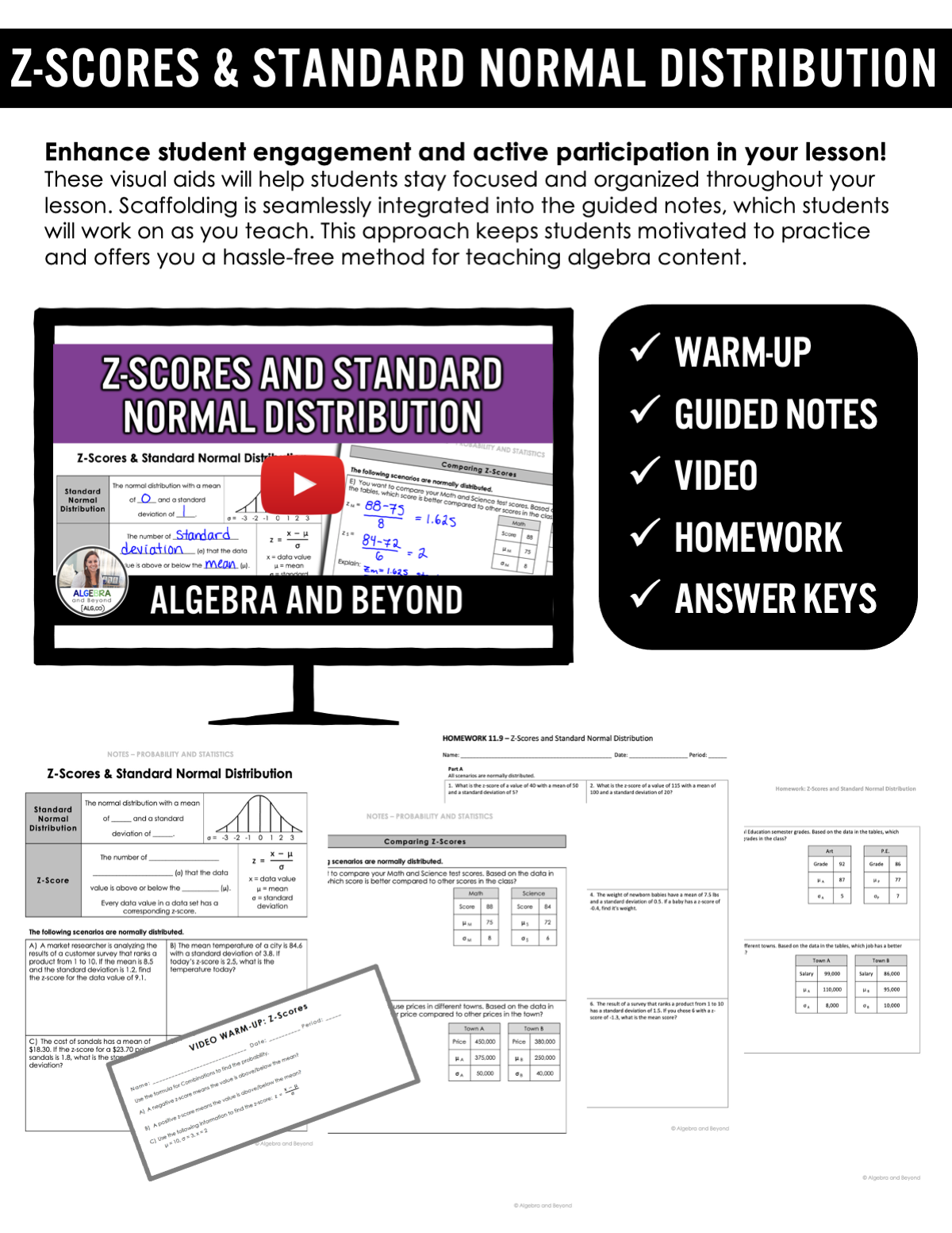 Z-Scores and Standard Normal Distribution Lesson | Warm-Up | Notes | Homework