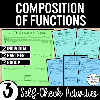 Composition of Functions Review Activity – Self-Check Practice Worksheets