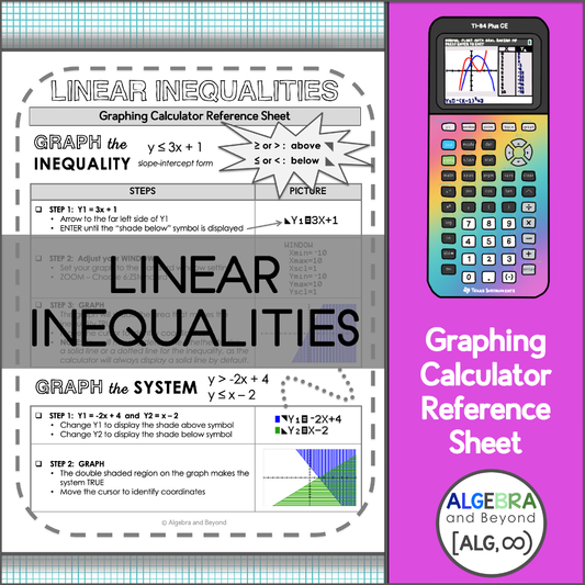 Graph Linear Inequalities: TI-84 Plus CE Calculator Reference Sheet & Practice