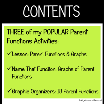 Parent Functions and Graphs Activities, Graphic Organizers, Review Worksheets