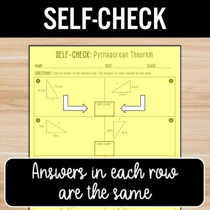 Pythagorean Theorem Review Activity – Self-Check Practice Worksheets