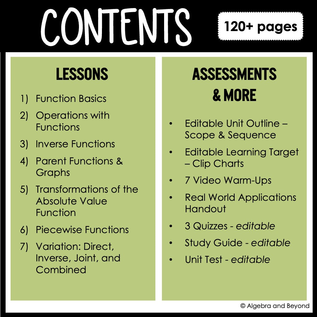 Functions and Graphs Unit Bundle | Algebra 2 | Guided Notes | Homework | Assessments