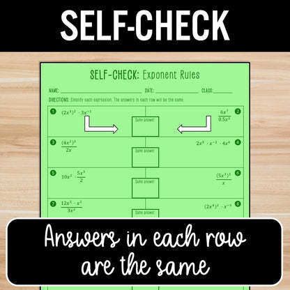 Exponent Rules (1 variable, includes negatives) Activity – Practice Worksheets