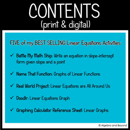 Linear Equations Review Activities Mini-Bundle | Graphing, Project, Slope-Intercept Form