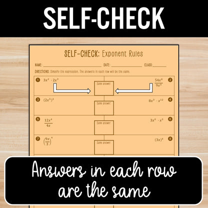 Rules of Exponents (1 variable, no negatives) Activity – Practice Worksheets