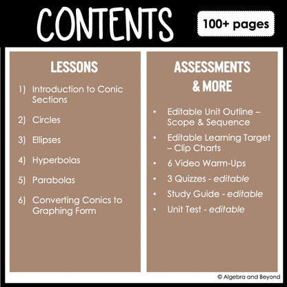 Conic Sections Unit Bundle | Algebra 2 | Notes | Homework | Assessments