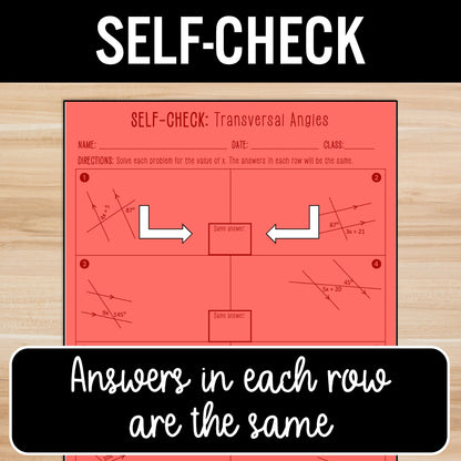Parallel Lines Cut by a Transversal Activity – Self-Check Practice Worksheets
