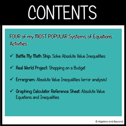 Absolute Value Inequalities Review Activities Mini-Bundle - Project, Game, Self-Check, Error Analysis