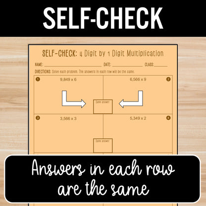 4 Digit by 1 Digit Multiplication | Self-Check Activity | Practice Worksheets