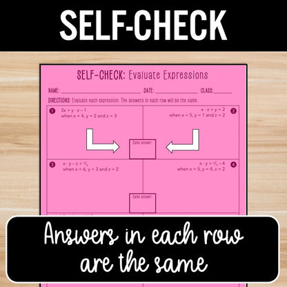 Evaluating Algebraic Expressions Activity – Self-Check Practice Worksheets