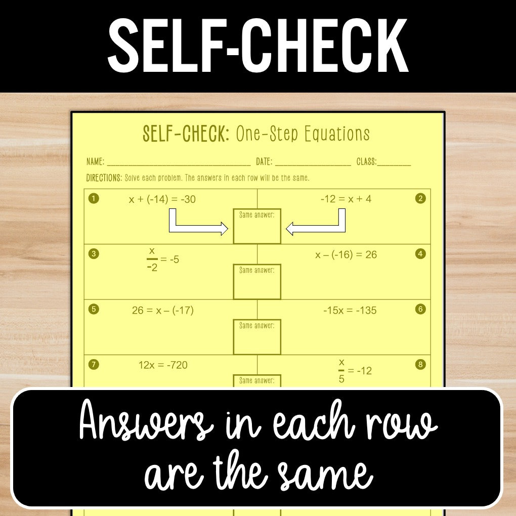 One-Step Equations | With Negatives | Self-Check Activities