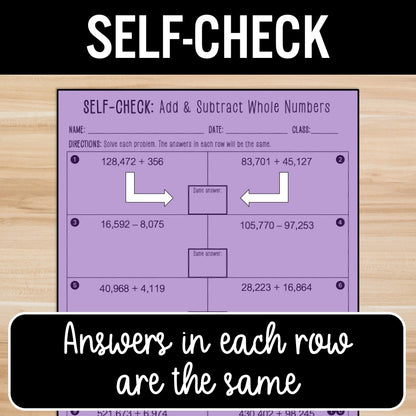 Add and Subtract Whole Numbers | Self-Check Activities