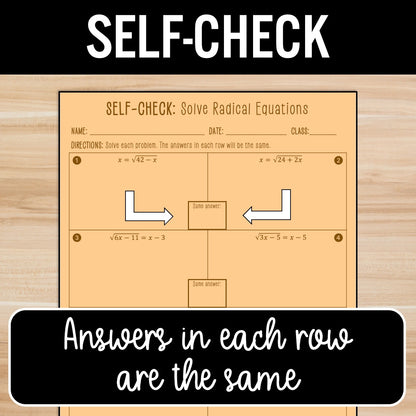Radical Equations with 1 & 2 solutions Review Activity – Practice Worksheets