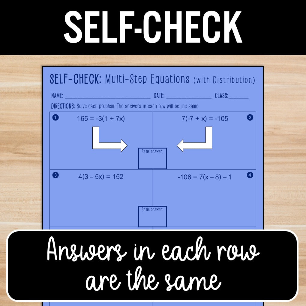 Multi-Step Equations Practice | Distribute | Self-Check Review Activities