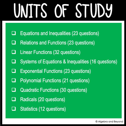 Algebra 1 & 2 Midterm & Final Exam, Semester Review, End of the Year Assessments