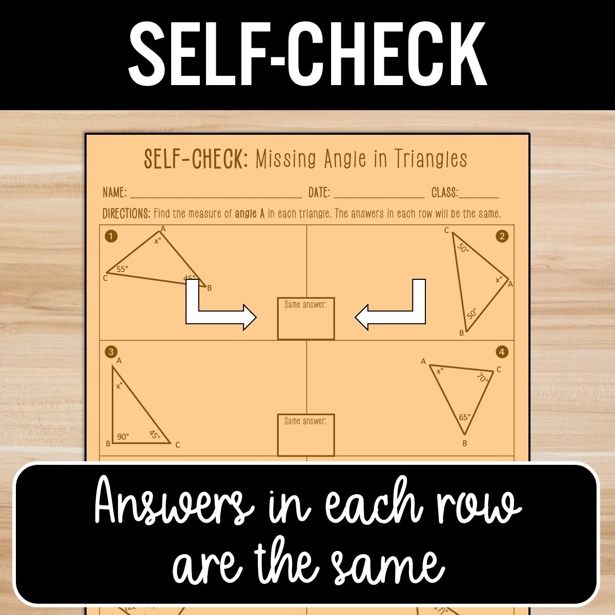 Missing Angles of Triangles with Algebra Activity – Self-Check Worksheets
