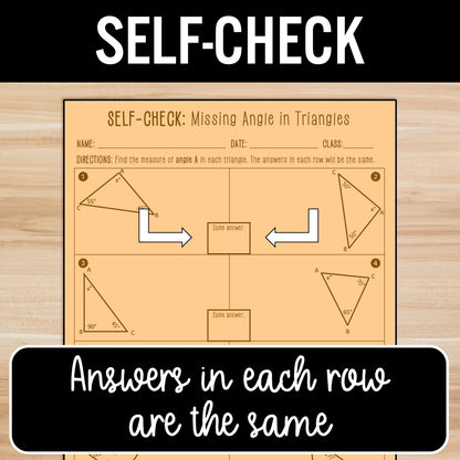 Missing Angles of Triangles with Algebra Activity – Self-Check Worksheets