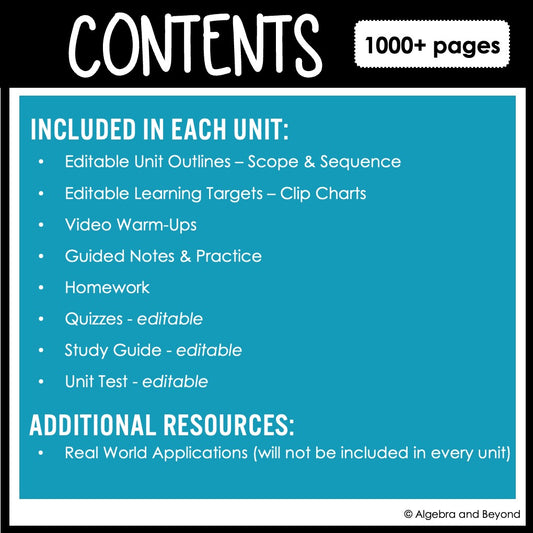 Algebra 2 Year Long Curriculum Bundle: Learning Targets, Outlines, Lessons, Warm-Ups, Guided Notes, Instructional Videos, Homework, and Assessments