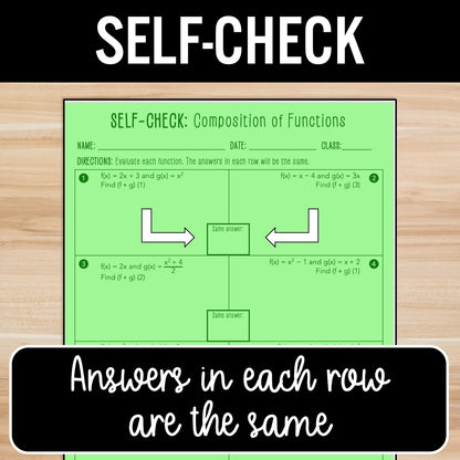 Composition of Functions Review Activity – Self-Check Practice Worksheets