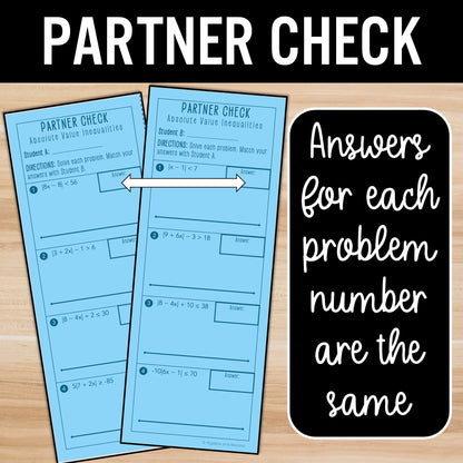 Solve Absolute Value Inequalities Review Practice Activity - Partner Worksheets