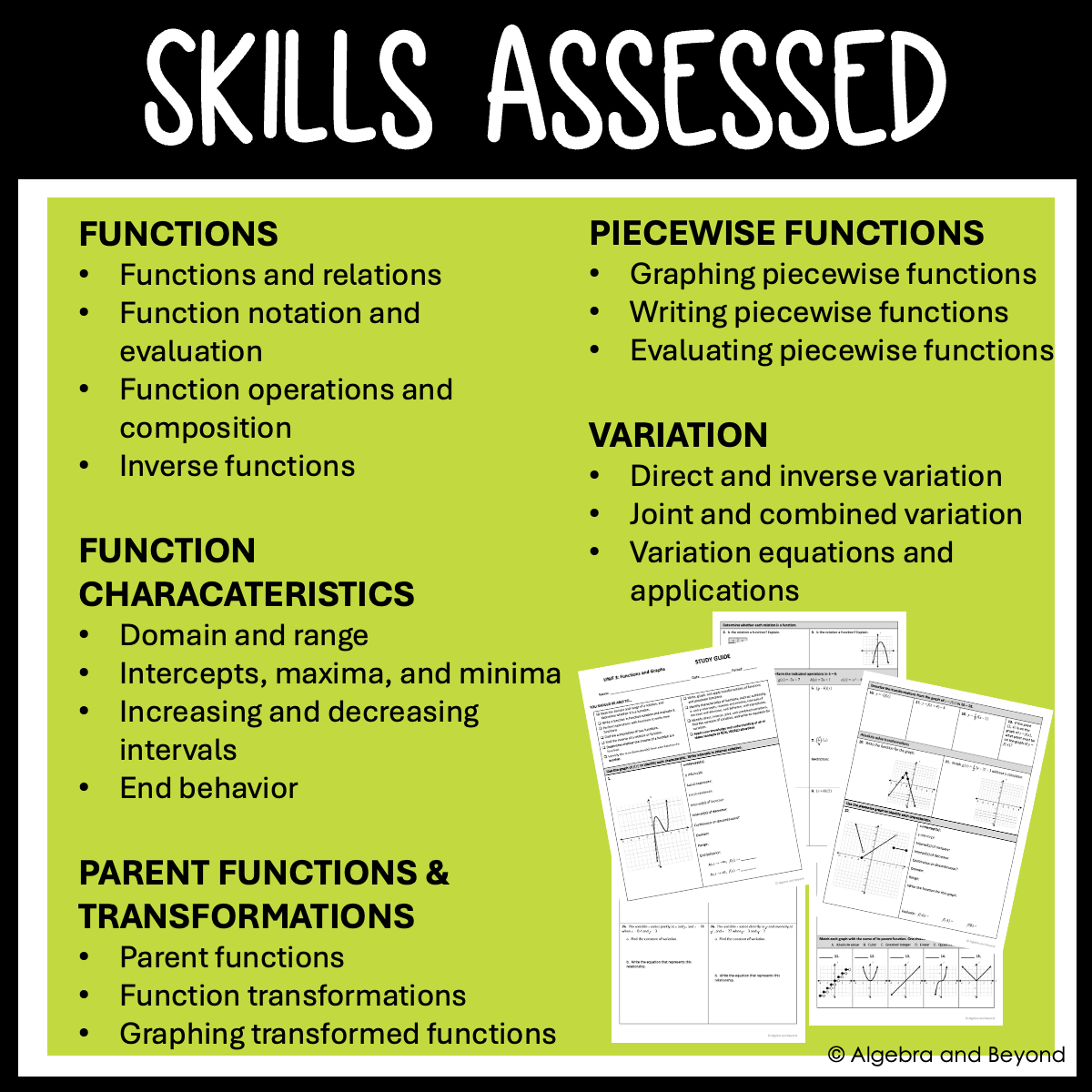 Functions and Graphs Assessments | Quizzes | Study Guide | Test