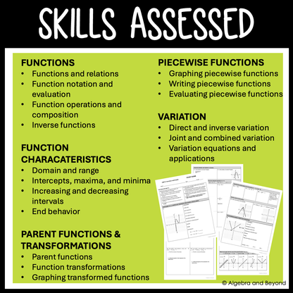 Functions and Graphs Assessments | Quizzes | Study Guide | Test