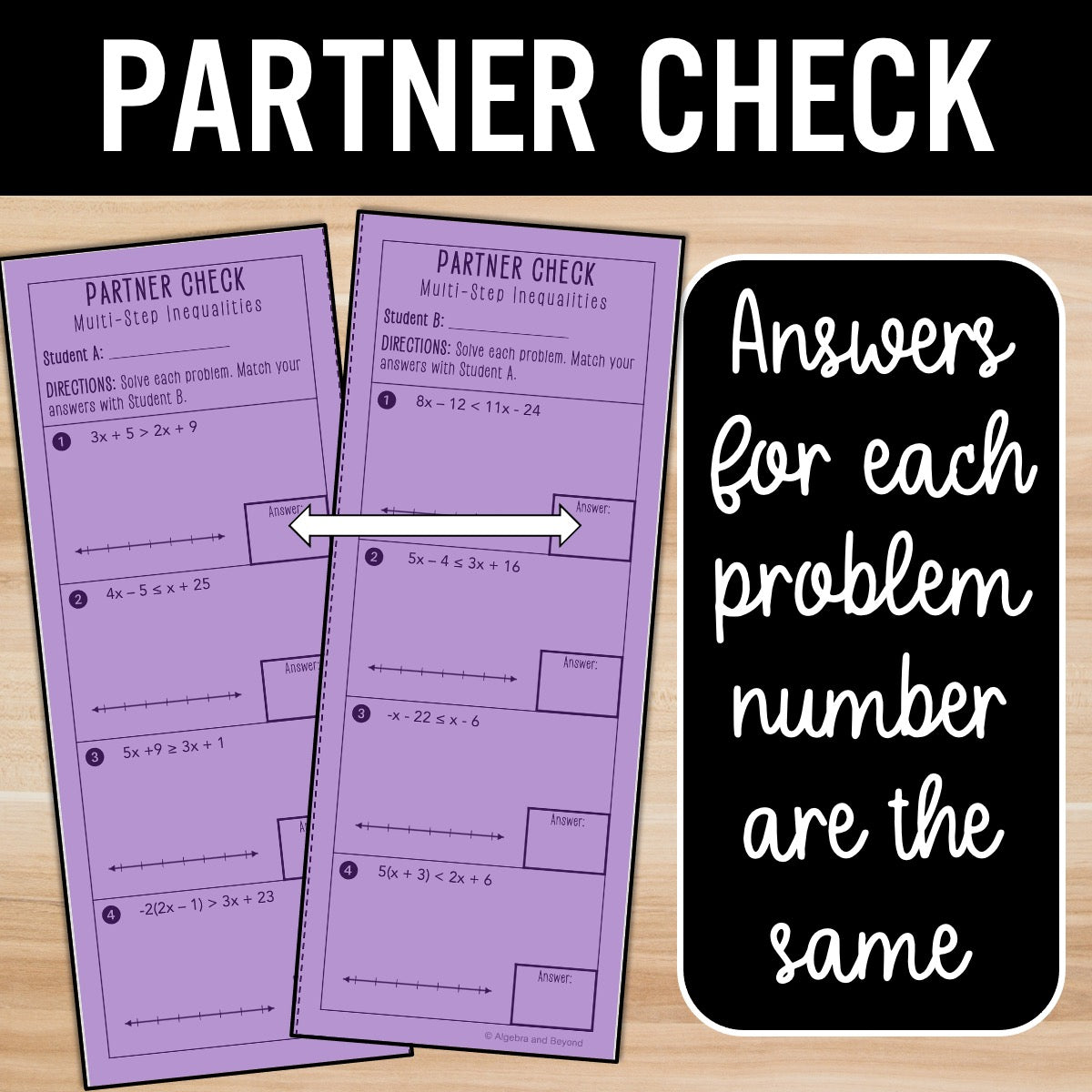 Multi-Step Inequalities (Variables on Both Sides) Activity Practice Worksheets