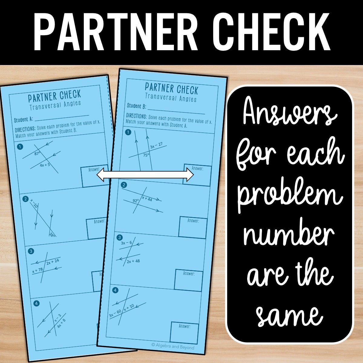 Parallel Lines Cut by a Transversal Activity – Self-Check Practice Worksheets