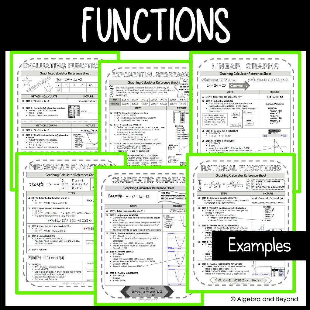 TI-84 Graphing Calculator Reference Sheets Bundle