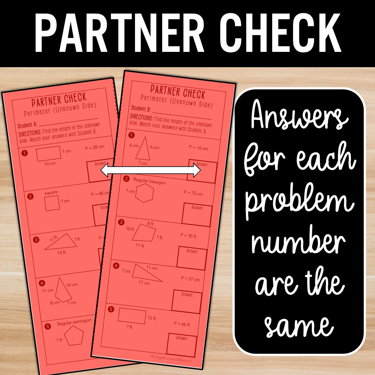 Perimeter – Find Unknown Side Length Practice Activity – Partner Worksheets